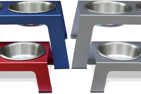 Elevated Dog Bowls, Cat Bowls -- Premium Anodized Aluminum Feeder (Short 4"). Us Food Grade Stainless Steel Raised Bowls,Metallic Gray
