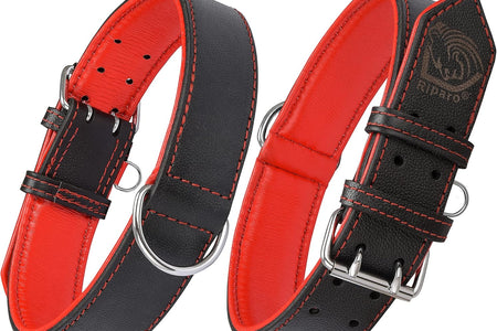 Riparo Genuine Leather Padded Dog Heavy Duty K-9 Adjustable Collar (XXL: 2” Wide for 26” - 29” Neck, Black/Red Thread)