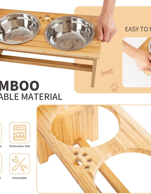 Load image into Gallery viewer, Raised Pet Bowls for Cats and Small Dogs, Bamboo Elevated Dog Cat Food and Water Bowls Stand Feeder with 2 Stainless Steel Bowls and anti Slip Feet (4'' Tall-20 Oz Bowl)
