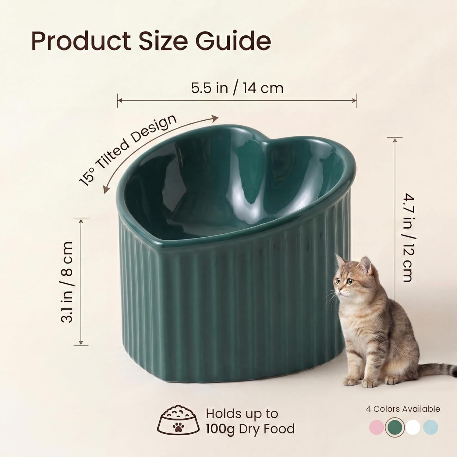 Dark Green Ceramic Raised Cat Bowls, Tilted Elevated Food or Water Bowls, Stress Free, Backflow Prevention, Dishwasher and Microwave Safe, Lead & Cadmium Free