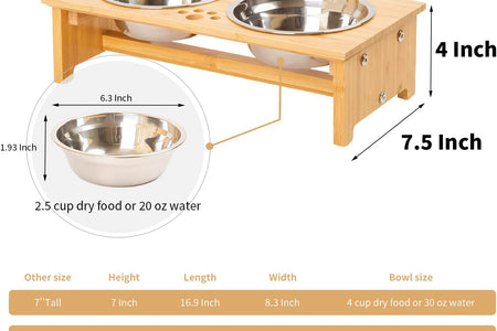 Raised Pet Bowls for Cats and Small Dogs, Bamboo Elevated Dog Cat Food and Water Bowls Stand Feeder with 2 Stainless Steel Bowls and anti Slip Feet (4'' Tall-20 Oz Bowl)