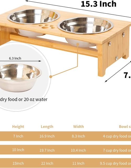 Load image into Gallery viewer, Raised Pet Bowls for Cats and Small Dogs, Bamboo Elevated Dog Cat Food and Water Bowls Stand Feeder with 2 Stainless Steel Bowls and anti Slip Feet (4'' Tall-20 Oz Bowl)
