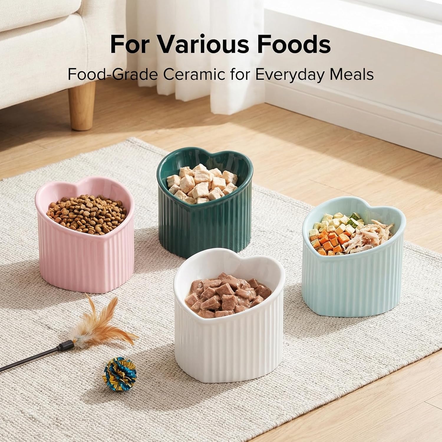 Dark Green Ceramic Raised Cat Bowls, Tilted Elevated Food or Water Bowls, Stress Free, Backflow Prevention, Dishwasher and Microwave Safe, Lead & Cadmium Free