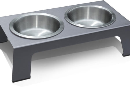 Elevated Dog Bowls, Cat Bowls -- Premium Anodized Aluminum Feeder (Short 4"). Us Food Grade Stainless Steel Raised Bowls,Metallic Gray