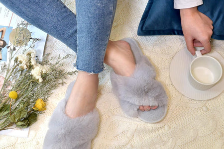 Women'S Cross Band Slippers Soft Plush Furry Cozy Open Toe House Shoes Indoor Outdoor Faux Rabbit Fur Warm Comfy Slip on Breathable