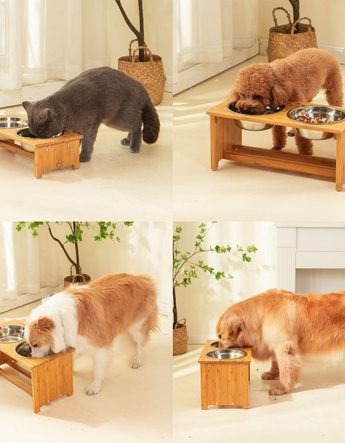 Load image into Gallery viewer, Raised Pet Bowls for Cats and Small Dogs, Bamboo Elevated Dog Cat Food and Water Bowls Stand Feeder with 2 Stainless Steel Bowls and anti Slip Feet (4'' Tall-20 Oz Bowl)
