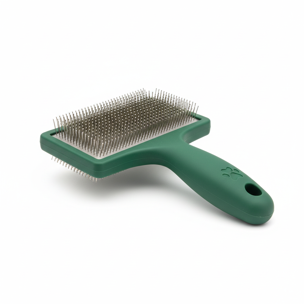 Green pet grooming brush on a white background