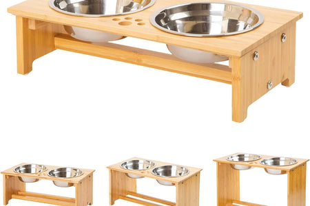 Raised Pet Bowls for Cats and Small Dogs, Bamboo Elevated Dog Cat Food and Water Bowls Stand Feeder with 2 Stainless Steel Bowls and anti Slip Feet (4'' Tall-20 Oz Bowl)
