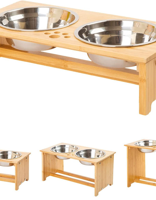 Load image into Gallery viewer, Raised Pet Bowls for Cats and Small Dogs, Bamboo Elevated Dog Cat Food and Water Bowls Stand Feeder with 2 Stainless Steel Bowls and anti Slip Feet (4'' Tall-20 Oz Bowl)
