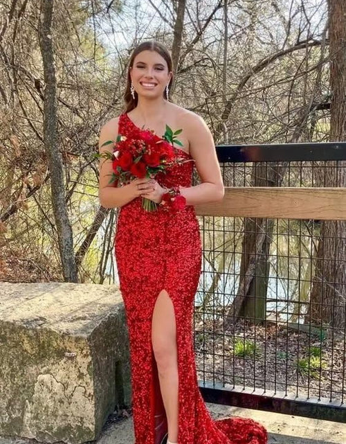 Load image into Gallery viewer, One Shoulder Sequin Prom Dresses High Slit Wedding Dresses for Women Formal Evening Dresses 2022
