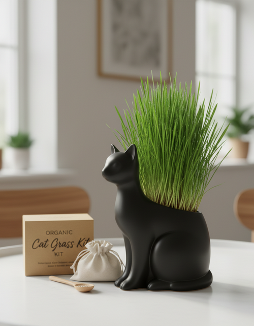 Load image into Gallery viewer, Organic Cat Grass Kit with Black Cat Ceramic Planter, Easy Indoor Planting Gift Set
