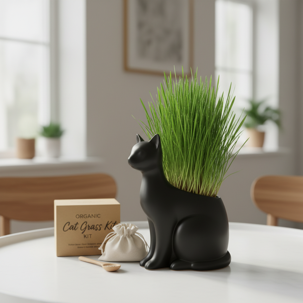 Organic Cat Grass Kit with Black Cat Ceramic Planter, Easy Indoor Planting Gift Set